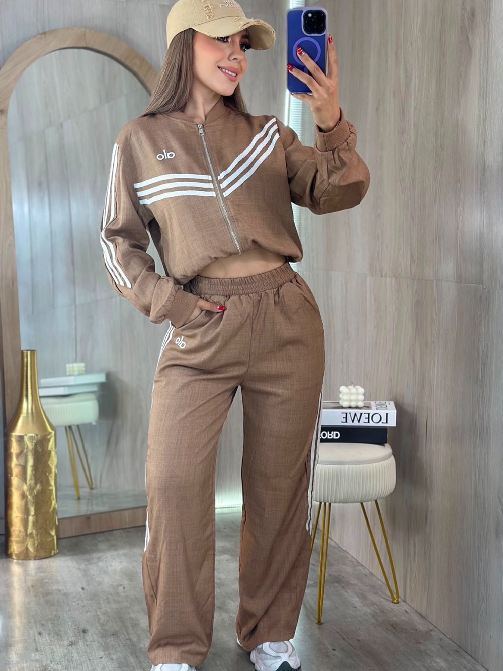 Women's Brown Track Jacket & Jogger Set with White Stripes